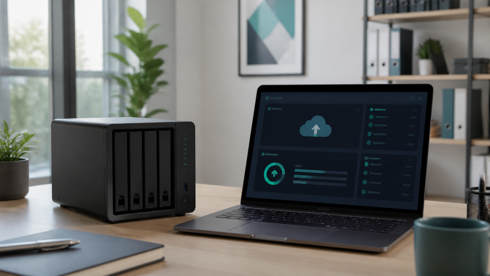 NAS-Speicher und Laptop mit abstrakter Backup-Übersicht auf einem Schreibtisch