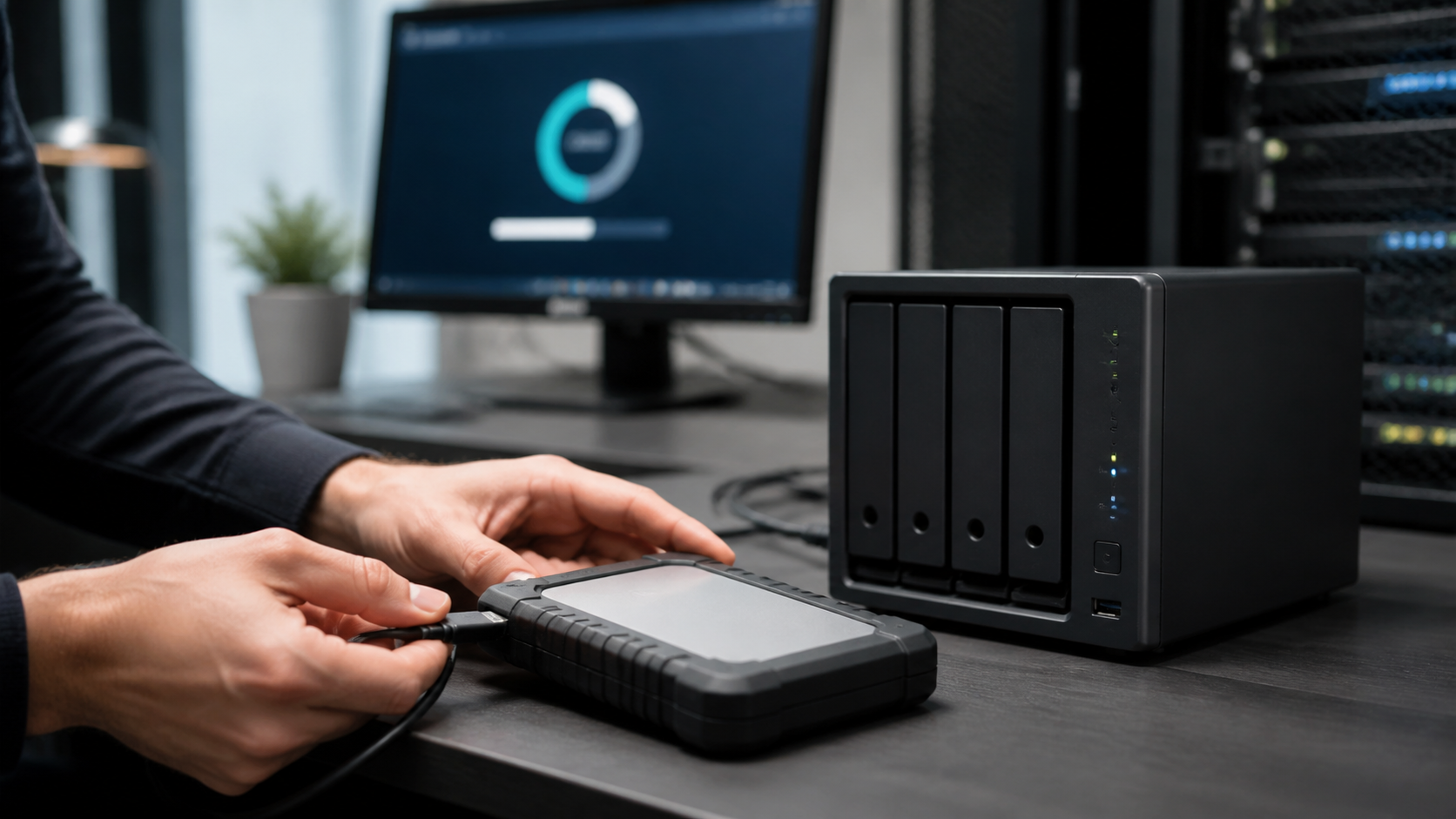 Externe Festplatte wird für eine getrennte Datensicherung angeschlossen