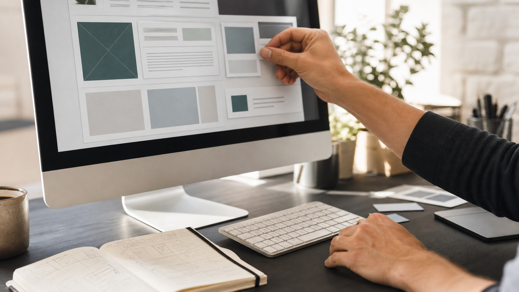 Webdesigner gestaltet eine Website-Struktur an einem Monitor