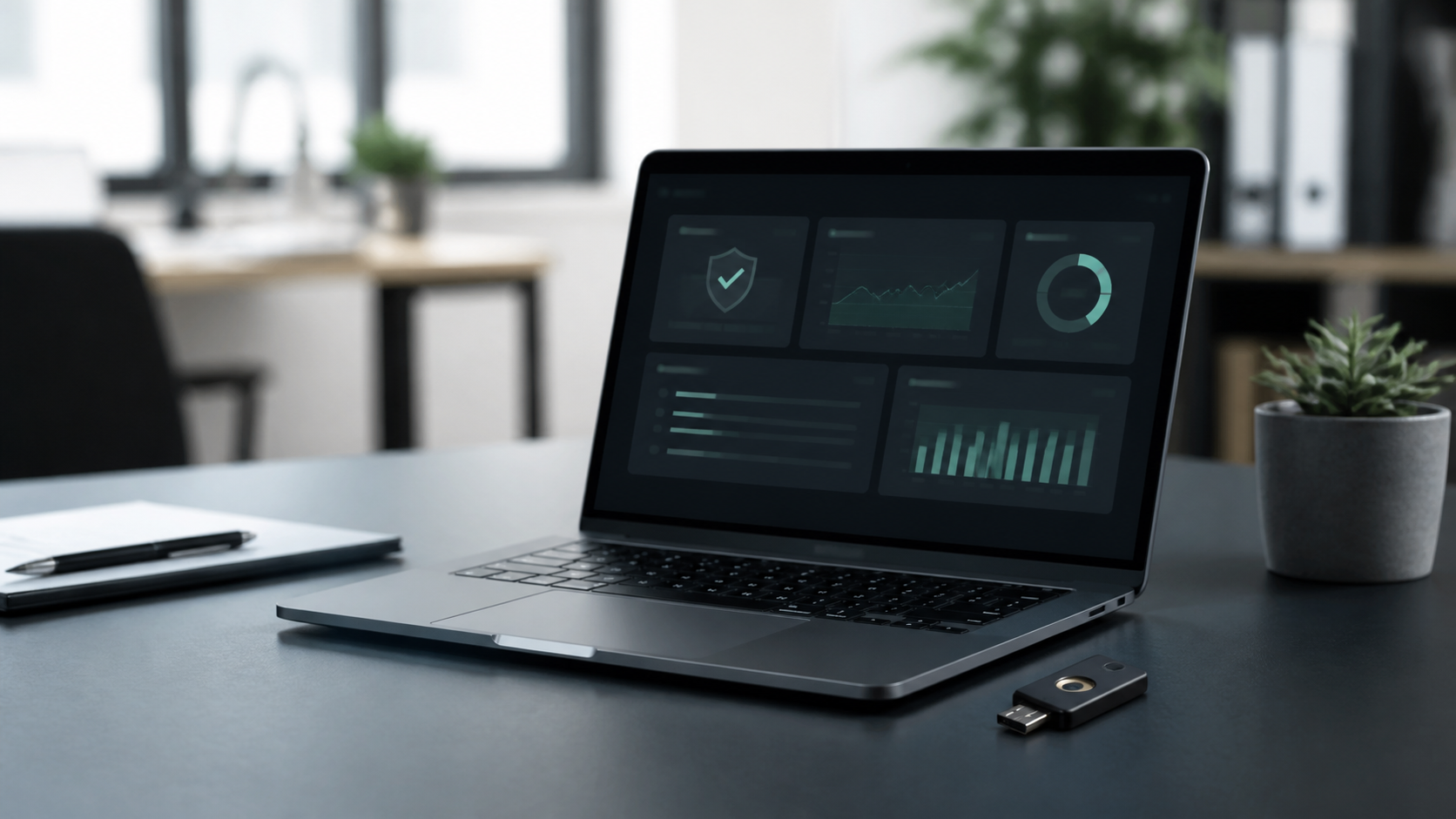 Laptop mit abstrakter Sicherheitsübersicht und Sicherheitsschlüssel