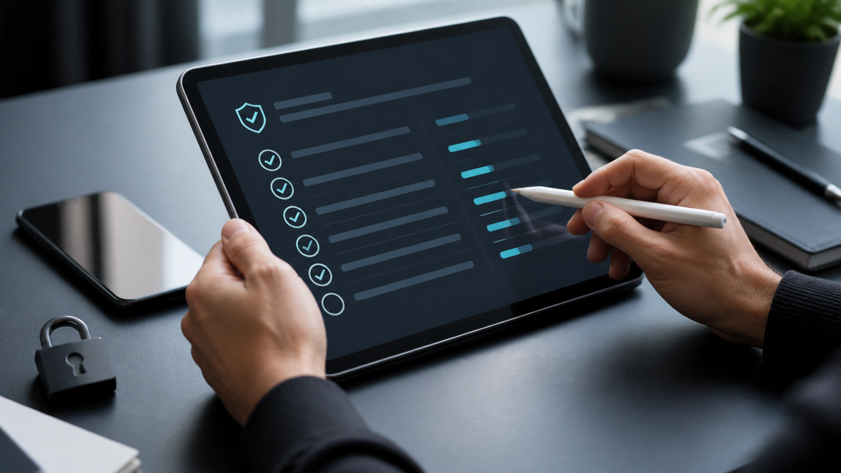 Person prüft eine abstrakte Sicherheitscheckliste auf einem Tablet