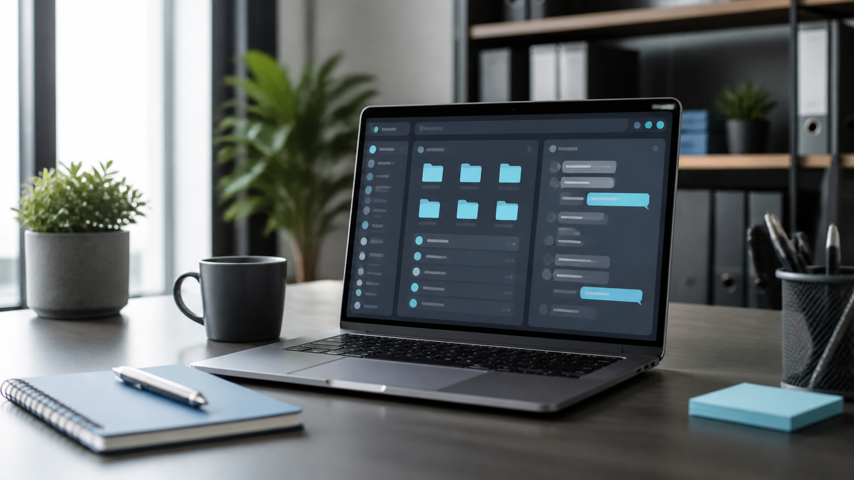 Laptop mit abstrakter Oberfläche für digitale Zusammenarbeit