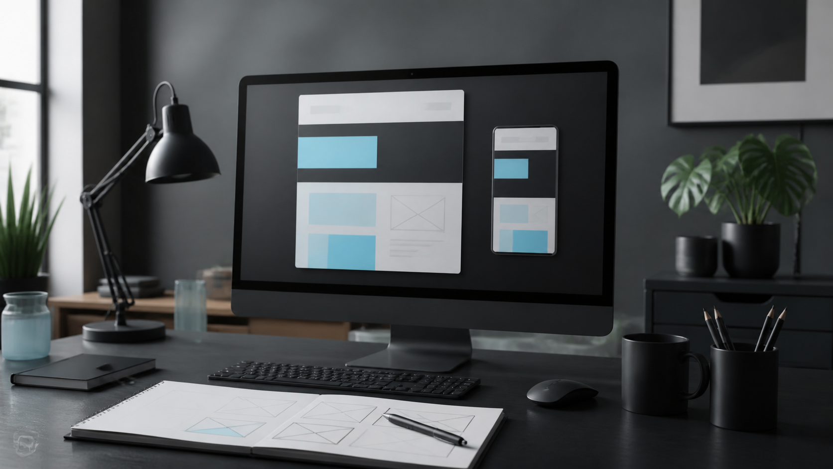Monitor mit abstrakter Darstellung einer responsiven Website