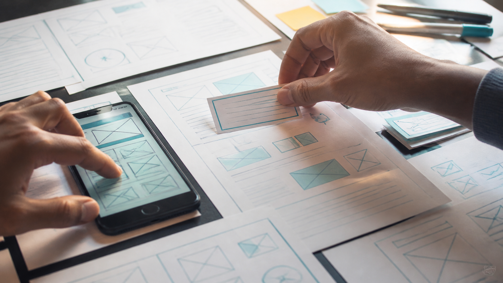Entwurf einer Website-Struktur mit Smartphone und Papier-Wireframes