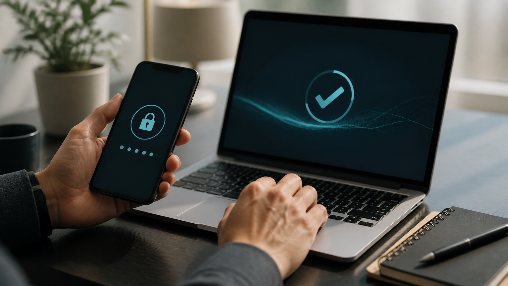 Smartphone und Laptop mit abstrakten Sicherheitsbestätigungen