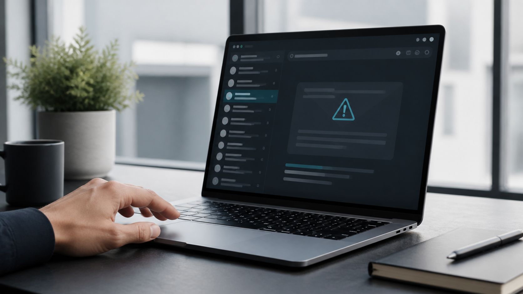 Laptop mit abstrakter Sicherheitswarnung auf einem Schreibtisch