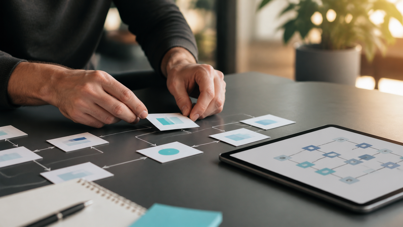 Person ordnet eine abstrakte Darstellung eines digitalen Prozesses