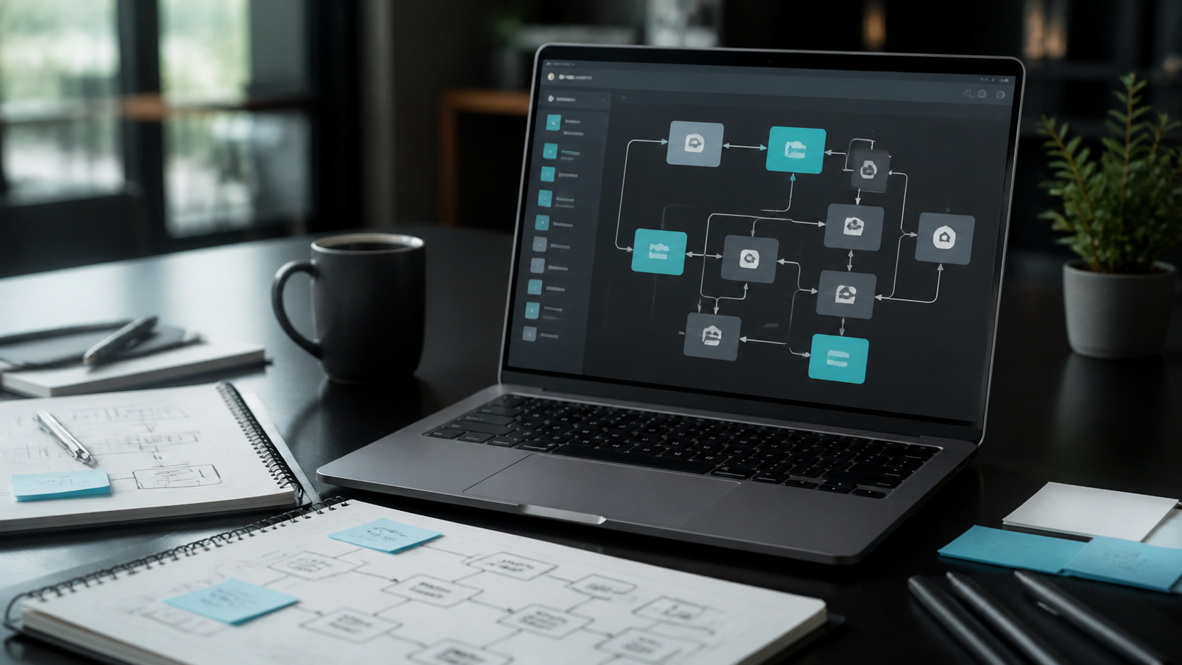 Laptop mit abstrakter Darstellung eines digitalen Arbeitsablaufs