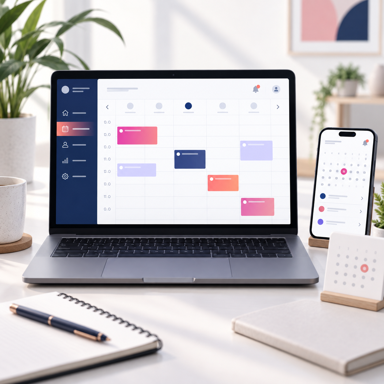 Laptop mit Kalender-Dashboard und Smartphone als Darstellung einer digitalen Terminverwaltung