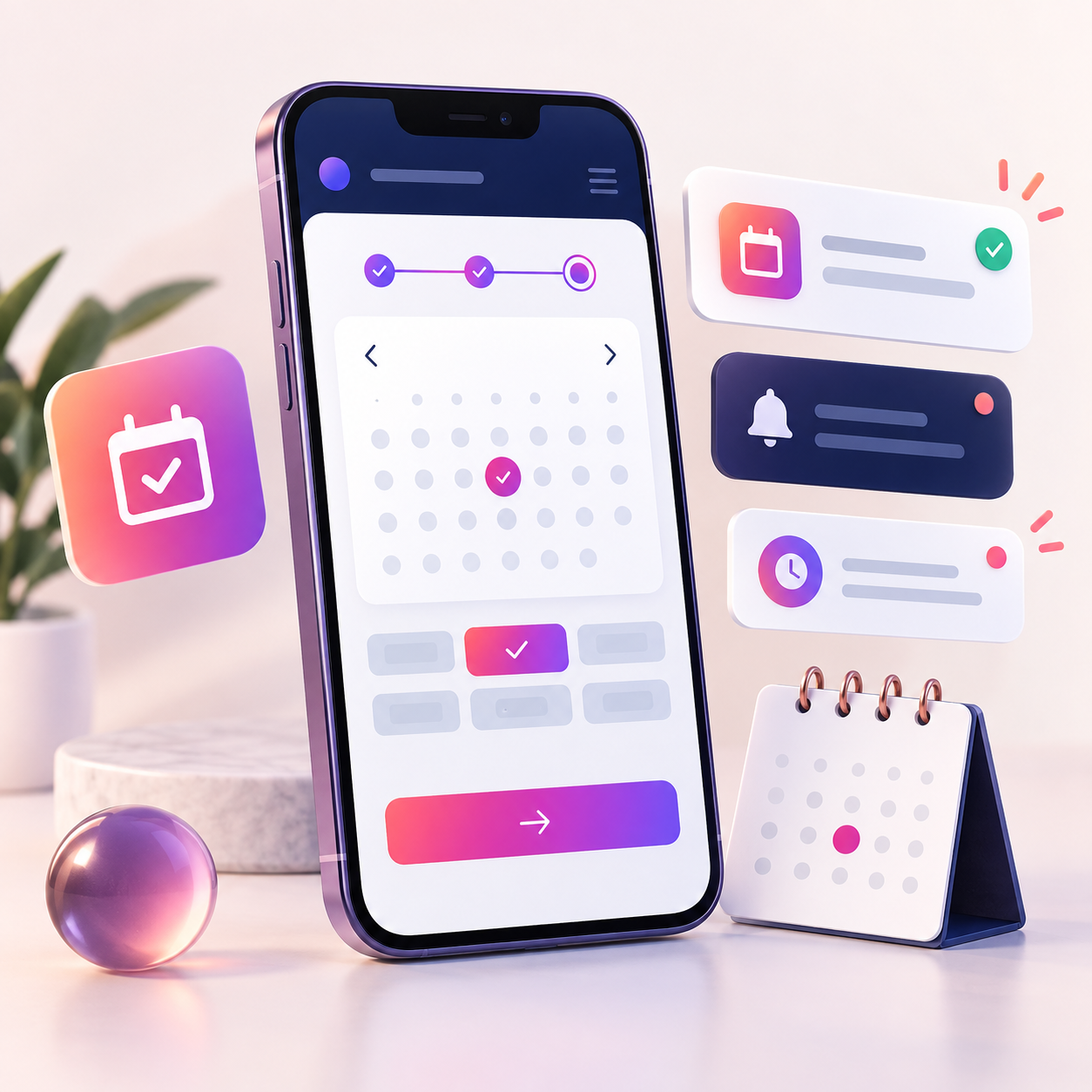 Smartphone mit Online-Terminbuchung, Kalender und Erinnerungen